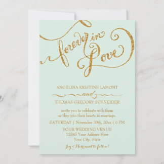 Calligraphy Mint Script Forever Love Gold Glitzer Einladung