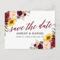 Calligraphy Mixed Floral Burgundy Save the Date