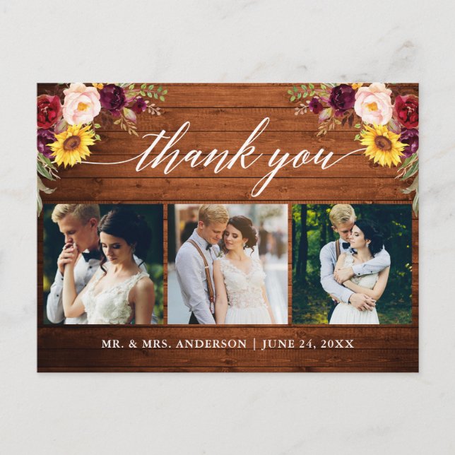 Calligraphy Mixed Floral Wedding Wood Vielen Dank Postkarte (Vorderseite)