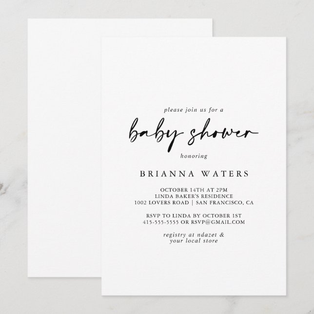 Calligraphy Modern Elegant Baby Shower Einladung (Vorne/Hinten)
