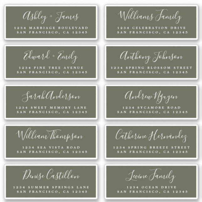 Calligraphy Olive Green Guest Address Labels (Vorderseite)