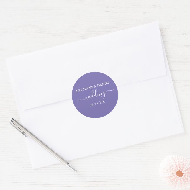 Calligraphy Periwinkle Wedding Umschlag Aufklebers Runder Aufkleber (Umschlag)