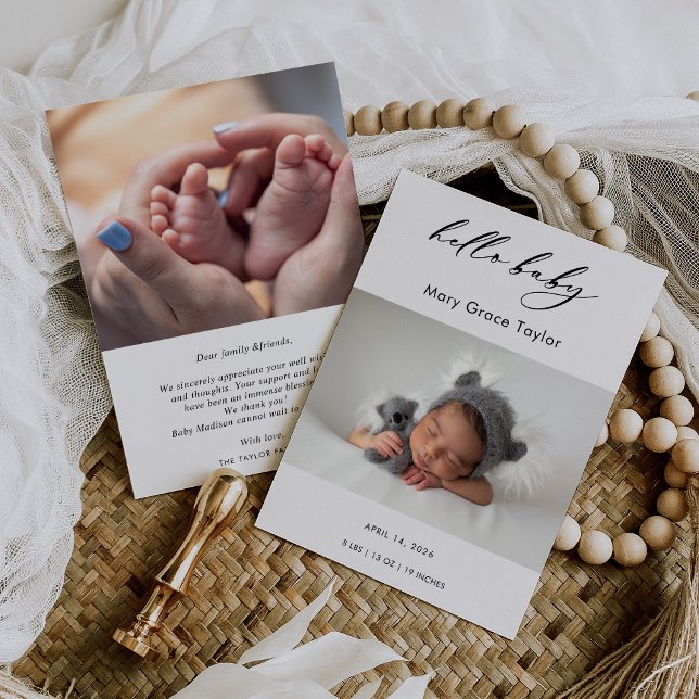 Calligraphy Photo Hello Baby Announcement Card Einladung (Von Creator hochgeladen)