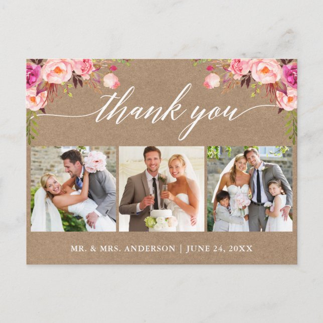 Calligraphy Pink Floral Wedding Danke Kraft Postkarte (Vorderseite)