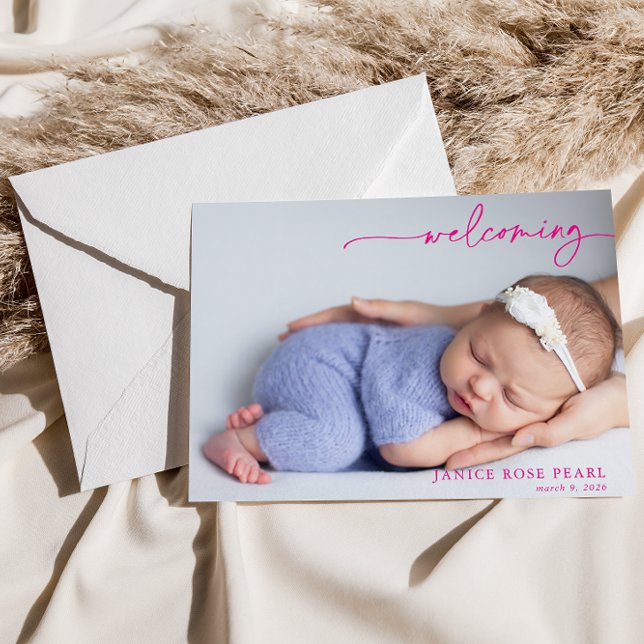 Calligraphy Pink Welcoming Baby Announcement card (Von Creator hochgeladen)