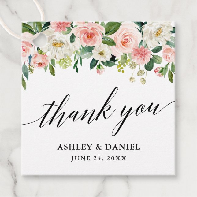 Calligraphy Pink White Floral Wedding Vielen Dank Geschenkanhänger (Vorderseite)