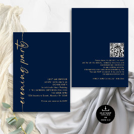 Calligraphy QR Navy Gold Wedding Abend Party Einladung