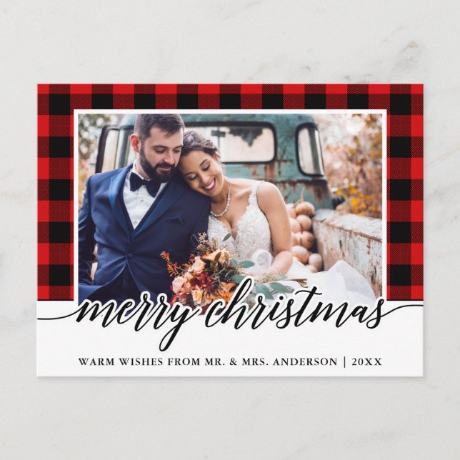 Calligraphy Red Kariert Wedding Foto Weihnachten Postkarte (Vorderseite)