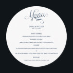 Calligraphy Round Wedding Dinner Menü für Plate Menükarte<br><div class="desc">Moderne und elegante Design gedruckte Navy Calligraphy Round Wedding Dinner Menu Card For Plate,  die mit Ihrem Text angepasst werden kann. Karo im Grafikdesign-Store für andere Produkte,  die diesem Design entsprechen!</div>