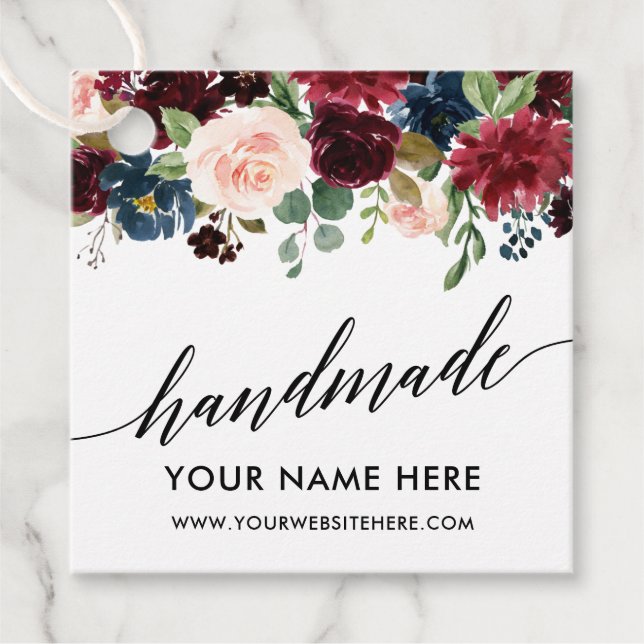 Calligraphy Script Burgundy Blue Floral Handmade Geschenkanhänger (Vorderseite)