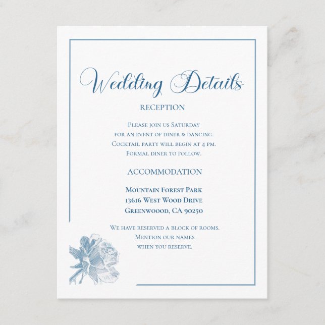 Calligraphy Script Dusty Blue Floral Wedding Begleitkarte (Vorderseite)