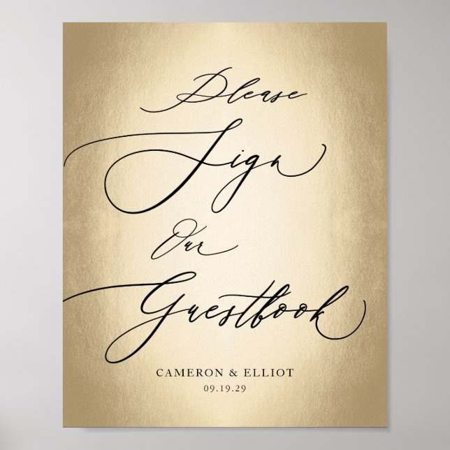 Calligraphy Script Gold Guestbook Wedding Sign Poster (Vorne)