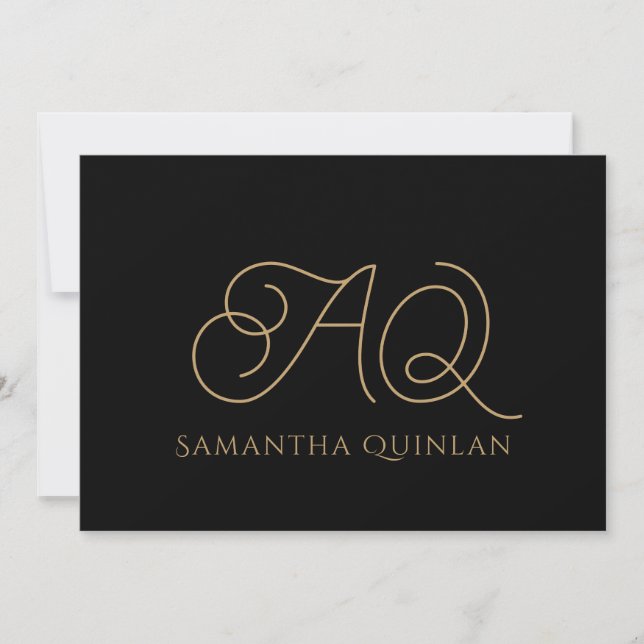 Calligraphy Script Gold Monogram Initials Black Mitteilungskarte (Vorderseite)