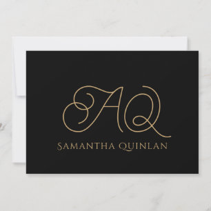 Calligraphy Script Gold Monogram Initials Black Mitteilungskarte