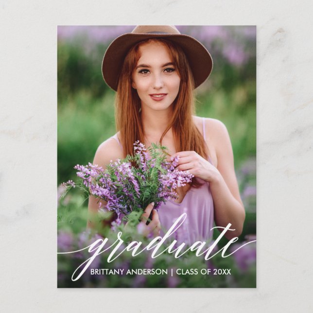 Calligraphy Script Graduation Party Foto Einladungspostkarte (Vorderseite)