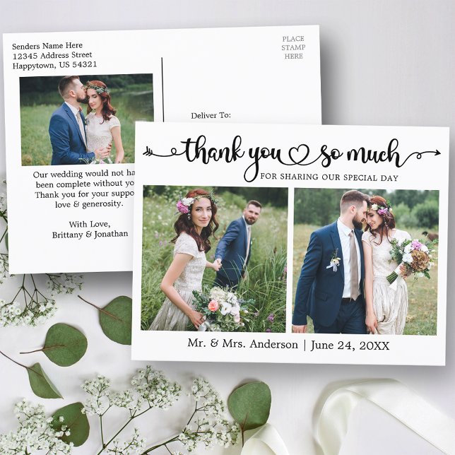 Calligraphy Script Heart 3 Foto Wedding Vielen Dan Postkarte (Customize to change your personalized text size or text style.)