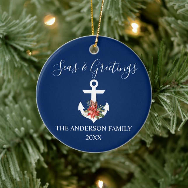 Calligraphy Seas and Greetings Poinsettia Anchor Keramik Ornament (Baum)