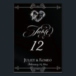 Calligraphy & Silver Heart - Black Table Number Tischnummer<br><div class="desc">The design features an elegant black background embellished with scroll borders, a heart and placeholders for the table number, couple's names and date of event. Available in several colors for your wedding theme. (Glitter is simulated in the artwork). Designed to coordinate with the Romantic Scroll Hearts & Calligraphy Wedding Collection....</div>