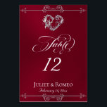 Calligraphy & Silver Heart - Burgundy Table Number Tischnummer<br><div class="desc">The design features an elegant burgundy background embellished with scroll borders, a heart and placeholders for the table number, couple's names and date of event. Available in several colors for your wedding theme. Designed to coordinate with the Romantic Scroll Hearts & Calligraphy Wedding Collection. To change details, click «Personalize». To...</div>