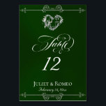 Calligraphy & Silver Heart - Emerald Table Number Tischnummer<br><div class="desc">The design features an elegant emerald green background embellished with scroll borders, a heart and placeholders for the table number, couple's names and date of event. Available in several colors for your wedding theme. Designed to coordinate with the Romantic Scroll Hearts & Calligraphy Wedding Collection. To change details, click «Personalize»....</div>