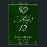 Calligraphy & Silver Heart - Emerald Table Number Tischnummer<br><div class="desc">The design features an elegant emerald green background embellished with scroll borders, a heart and placeholders for the table number, couple's names and date of event. Available in several colors for your wedding theme. Designed to coordinate with the Romantic Scroll Hearts & Calligraphy Wedding Collection. To change details, click «Personalize»....</div>