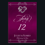 Calligraphy & Silver Heart - Plum Table Number Tischnummer<br><div class="desc">The design features an elegant plum (purple) background embellished with scroll borders, a heart and placeholders for the table number, couple's names and date of event. Available in several colors for your wedding theme. (Glitter is simulated in the artwork). Designed to coordinate with the Romantic Scroll Hearts & Calligraphy Wedding...</div>