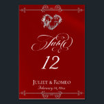 Calligraphy & Silver Heart - Red Table Number Tischnummer<br><div class="desc">The design features an elegant crimson red background embellished with scroll borders, a heart and placeholders for the table number, couple's names and date of event. Available in several colors for your wedding theme. (Glitter is simulated in the artwork). Designed to coordinate with the Romantic Scroll Hearts & Calligraphy Wedding...</div>