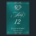 Calligraphy & Silver Heart - Teal Table Number Tischnummer<br><div class="desc">The design features an elegant teal background embellished with scroll borders, a heart and placeholders for the table number, couple's names and date of event. Available in several colors for your wedding theme. Designed to coordinate with the Romantic Scroll Hearts & Calligraphy Wedding Collection. To change details, click «Personalize». To...</div>