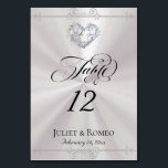 Calligraphy & Silver Heart - White Table Number Tischnummer<br><div class="desc">The design features an elegant white pearl background embellished with scroll borders, a heart and placeholders for the table number, couple's names and date of event. Available in several colors for your wedding theme. Designed to coordinate with the Romantic Scroll Hearts & Calligraphy Wedding Collection. To change details, click «Personalize»....</div>