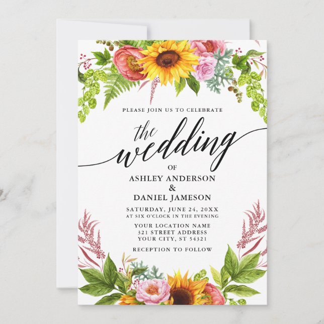 Calligraphy Sunflower Boho Floral Wedding Einladung (Vorderseite)