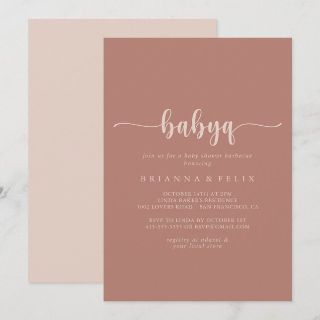 Calligraphy Terracotta BabyQ Baby Showgrill Einladung (Vorne/Hinten)