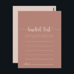 Calligraphy Terracotta Ecket List Cards Postkarte<br><div class="desc">Diese kalligraphischen Eimerkarten sind die perfekte Lösung für einen einfachen Hochzeitsempfang oder ein einfaches Brautparty. Das einfache und elegante Design zeichnet sich durch klassische und extravagante Schriftzeichen aus. Ändern Sie den Wortlaut in Anzug jedes Lebensereignisses. Das Schild der Schaufelliste wird separat verkauft.</div>