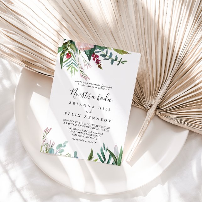 Calligraphy Tropical Floral Nuestra Boda Wedding Einladung (Von Creator hochgeladen)