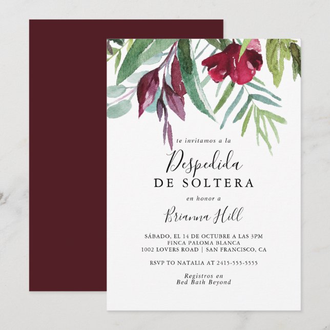 Calligraphy Tropical Floral Spanish Brautparty Einladung (Vorne/Hinten)