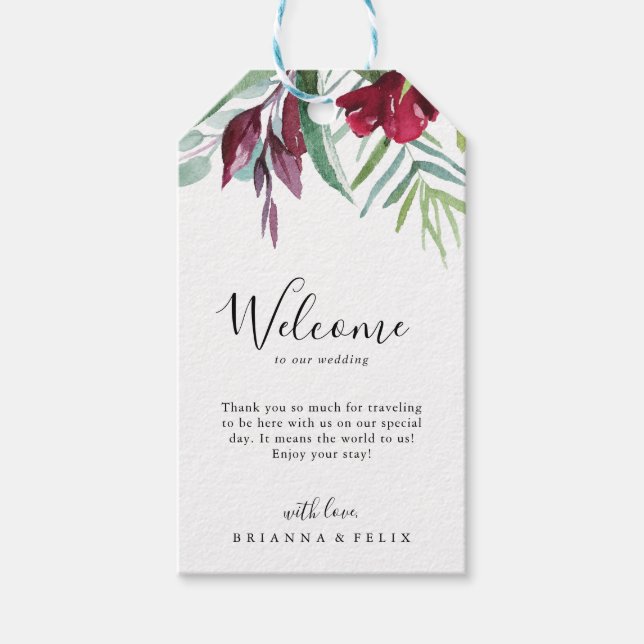 Calligraphy Tropical Floral Wedding Willkommen Geschenkanhänger (Vorderseite)