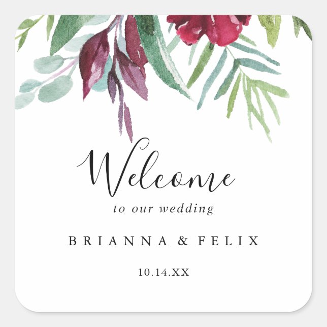 Calligraphy Tropical Floral Wedding Willkommen Quadratischer Aufkleber (Vorderseite)