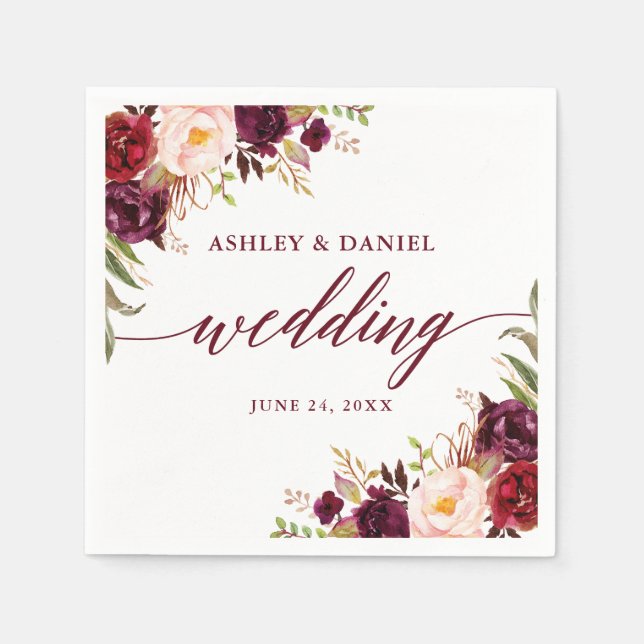 Calligraphy Watercolor Burgundy Floral Wedding Serviette (Vorderseite)