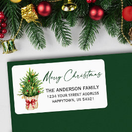 Calligraphy Watercolor Pine Red Bow Return Address Adressaufkleber