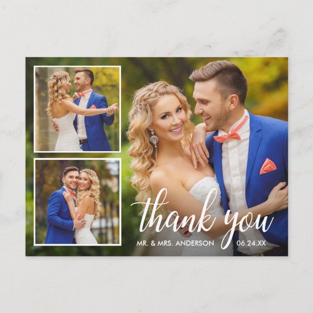 Calligraphy Wedding 3 Foto Collage Vielen Dank Postkarte (Vorderseite)