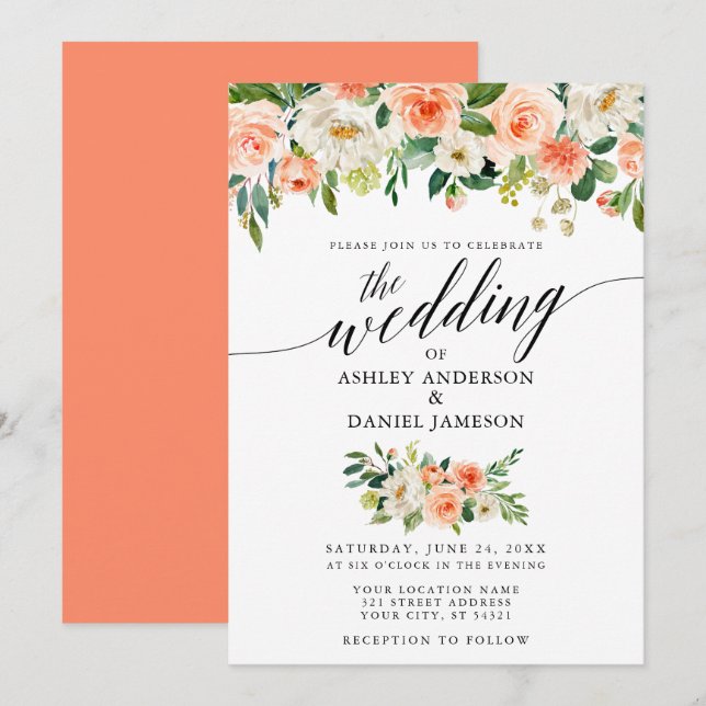 Calligraphy Wedding Coral Floral W Einladung (Vorne/Hinten)