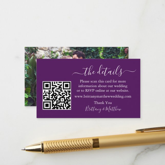 Calligraphy Wedding Details Web QR Foto Lila Begleitkarte (Vorderseite/Rückseite Beispiel)