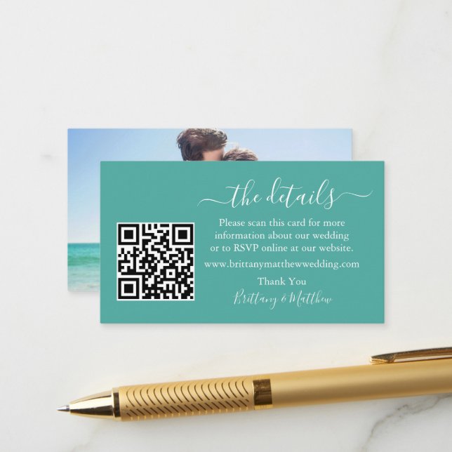 Calligraphy Wedding Details Website QR Foto Aquama Begleitkarte (Vorderseite/Rückseite Beispiel)