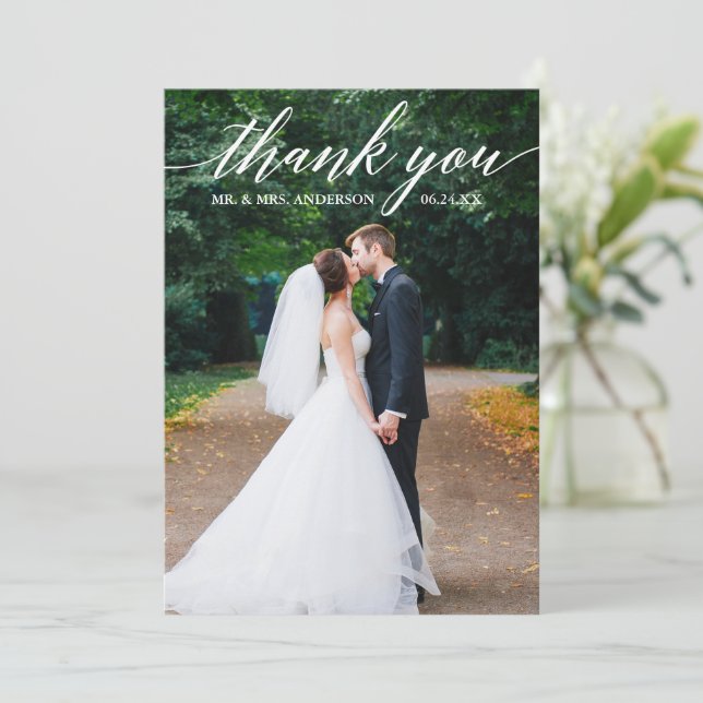 Calligraphy Wedding Foto Elegant Dankeskarte (Stehend Vorderseite)