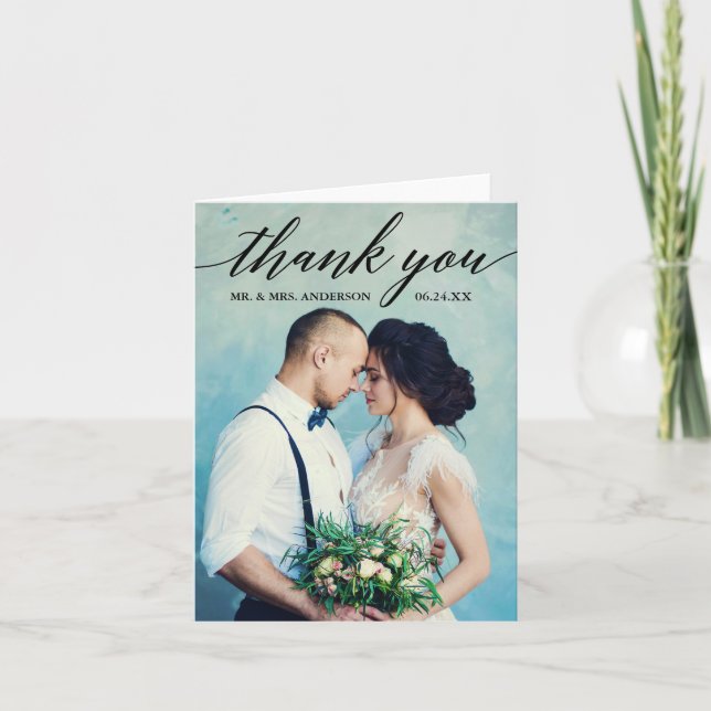Calligraphy Wedding Foto Hinweis Vielen Dank Karte (Vorderseite)