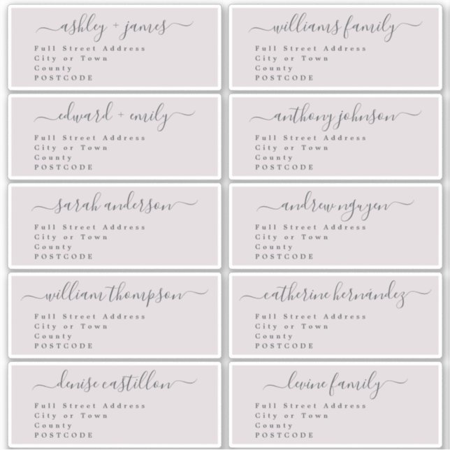 Calligraphy Wedding Guest Address Labels UK Layout (Vorderseite)