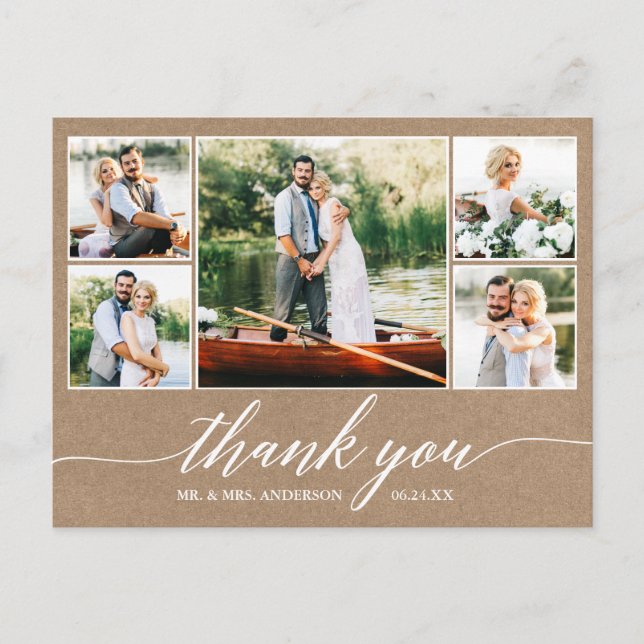 Calligraphy Wedding Kraft 5 Foto Vielen Dank Postkarte (Vorderseite)