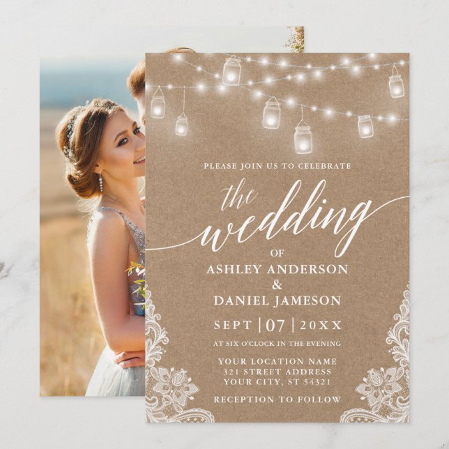 Calligraphy Wedding Lights Lace Kraft Foto Einladung (Vorne/Hinten)
