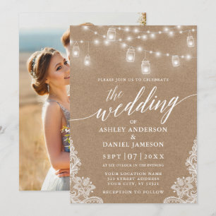 Calligraphy Wedding Lights Lace Kraft Foto Einladung