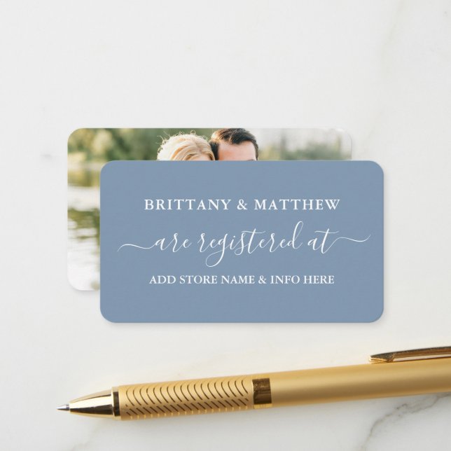 Calligraphy Wedding Registry Foto Dusty Blue Begleitkarte (Vorderseite/Rückseite Beispiel)