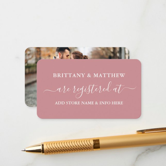 Calligraphy Wedding Registry Foto Dusty Rose Begleitkarte (Vorderseite/Rückseite Beispiel)